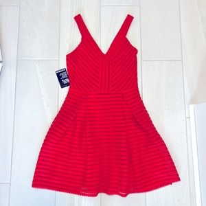Express Vibrant Red Striped Fit-and-Flare Mini Dress